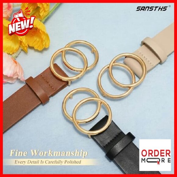 Women\'s 3 Pack Leather Belts Double O-Ring Buckle XS-2XL